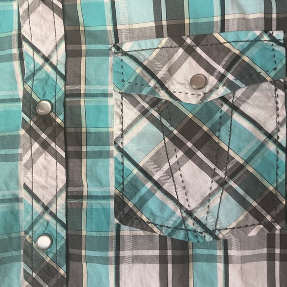 BKE Mens Slim Fit Western Pearl Snap Shirt Turquoise Plaid Cotton Large - Picture 4 of 10